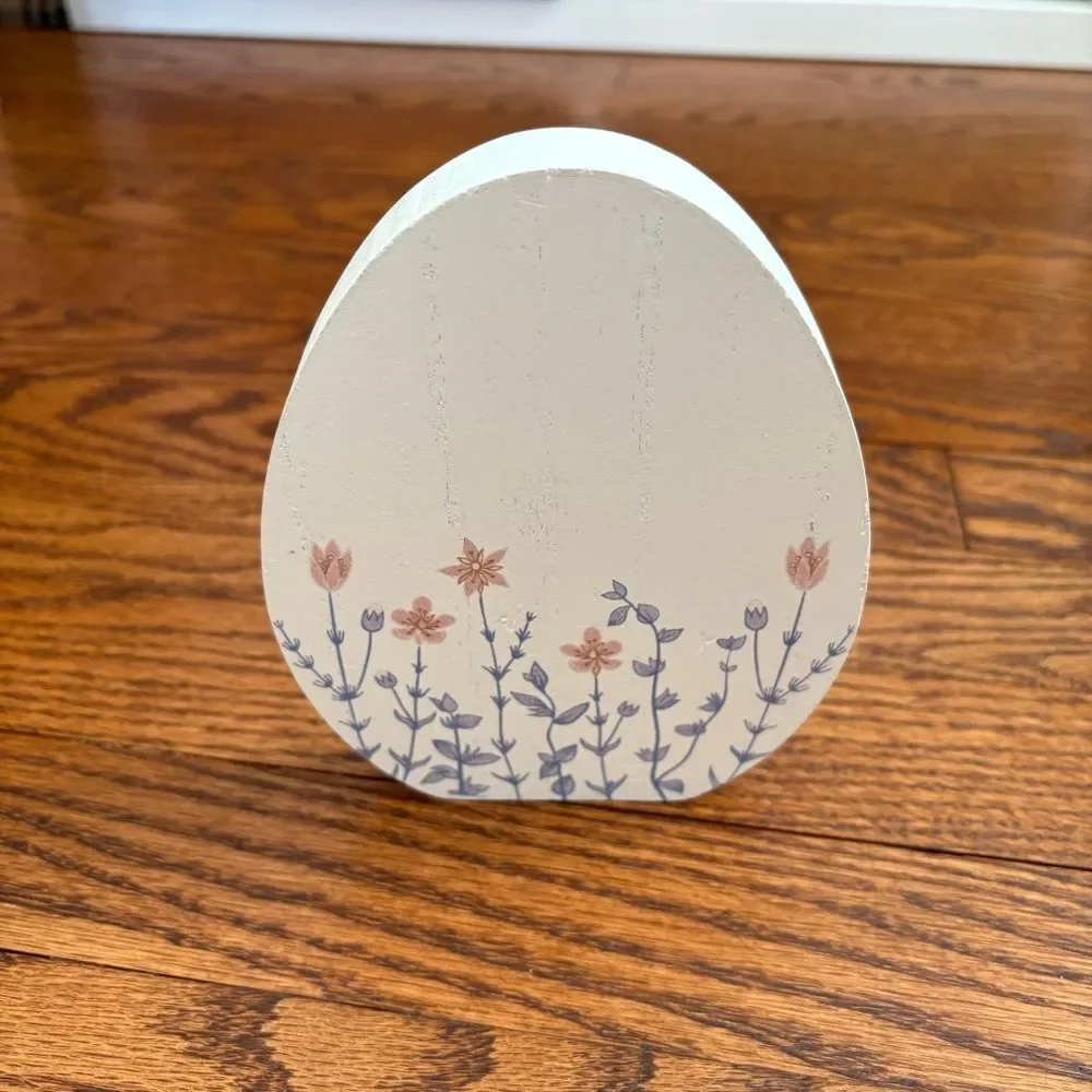 Floral Egg Wooden Holiday Table Decor - White with Blue and Pink Flowers